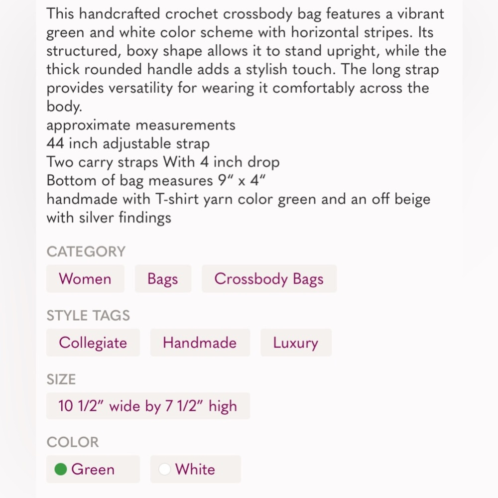 Handmade Crochet Bag Green and White Handwoven Crossbody with stripes - Picture 3 of 11